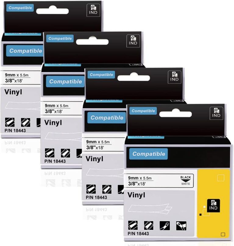 Aonomi 18443 Vinyl Tapes 4-Pack: Black on White Labels for Dymo Rhino 4200, 5200, 5000, 6000 & 3M PL200