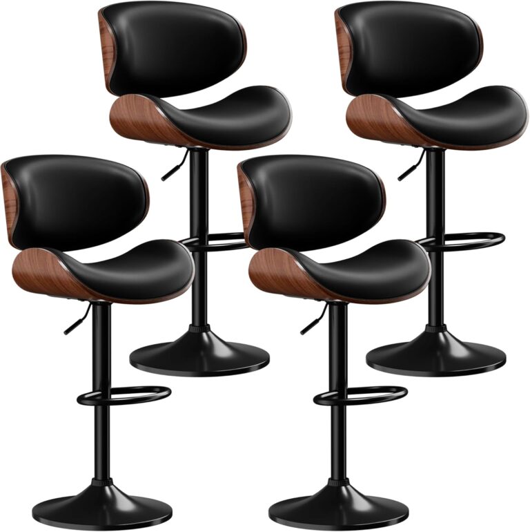 Set of 4 Adjustable Swivel Bar Stools – Mid-Century Modern PU Leather Counter Height Kitchen Island Chairs with Back (Black)
