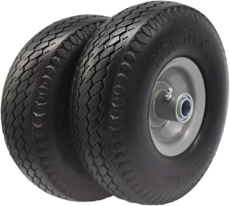 10″ Flat Free Solid Tire Set (2) – 4.10/3.50-4 Hand Truck, Wheelbarrow, Wagon & Dolly Replacement with 3/4″ & 5/8″ Bore