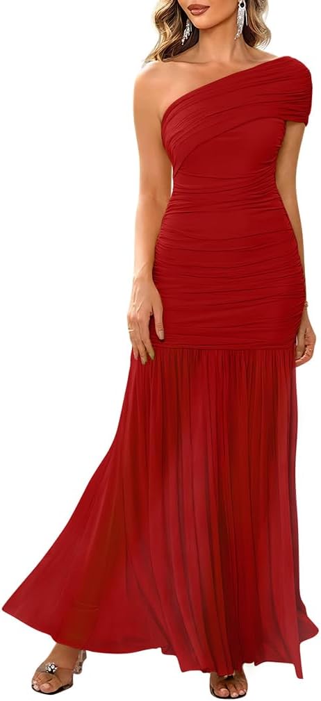LAGSHIAN Women’s Elegant Formal Long Dress | One Shoulder Sleeveless Ruched Bodycon Evening Gown