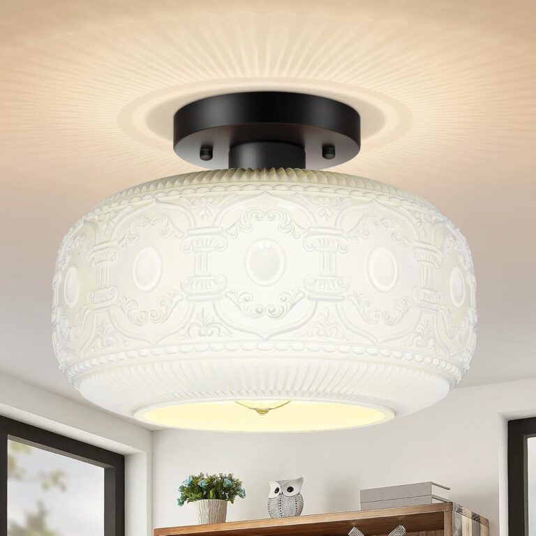 Vintage White Glass Semi Flush Mount Ceiling Light – Crystal-Like Globe Fixture for Kitchen, Bathroom, Hallway & Bedroom