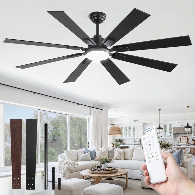 ZMISHIBO 62″ Large Ceiling Fan with Lights & Remote – Indoor/Outdoor Black Modern Fan for Kitchen, Living Room, Patio