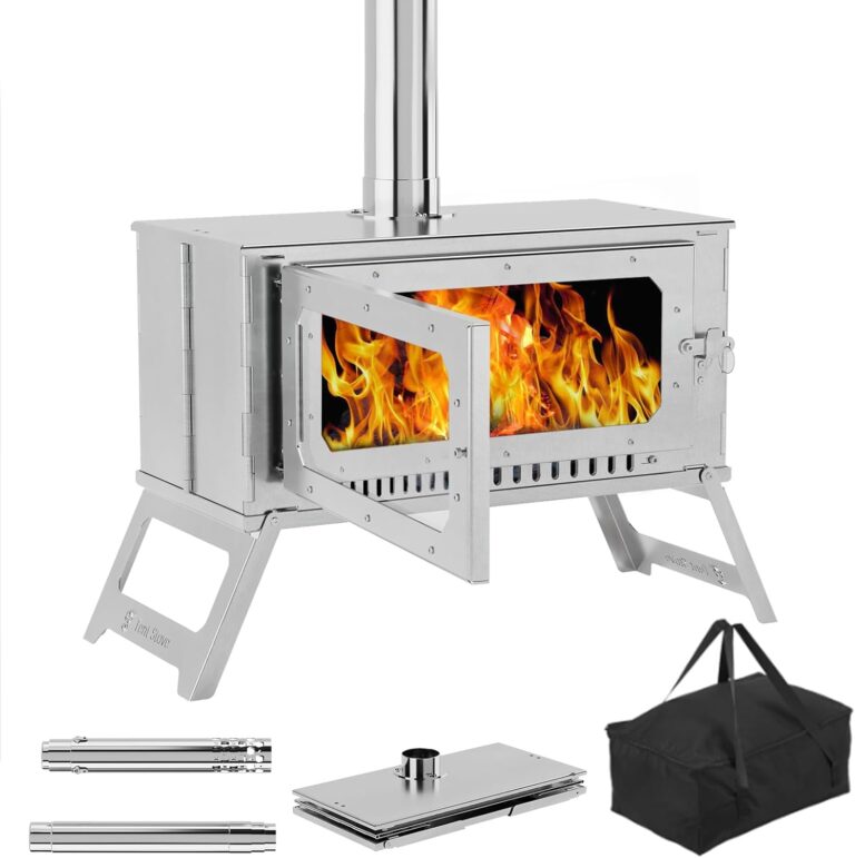 Portable Hot Tent Stove with View Glass: Large Stainless Steel Wood Burning Stove for Camping with 5 Chimney Pipes