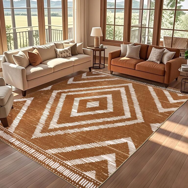 Geanlod Boho Washable Area Rug 6x9ft – Moroccan Soft Brown Non-Slip Low Pile Rug for Living Room, Bedroom, Nursery & Office