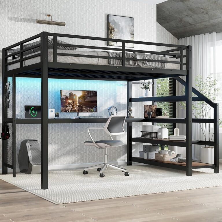 Heavy Duty Full Size Loft Bed with Desk, Storage Stairs & LED Lights | Charging Station for Kids, Teens, Adults